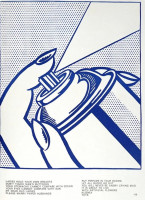 Roy Lichtenstein’s Spray Can, 1964 lithograph of a hand pressing a spray can nozzle in bold blue and white comic strip style.