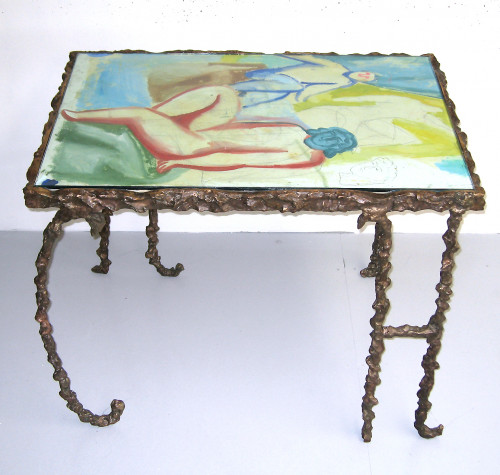 Sandro Chia Senza titolo Tavolo 2001 bronze table with painted top depicting reclining nude figures in expressive, colorful strokes. Sandro Chia Senza titolo Tavolo 2001 bronze table with painted top depicting reclining nude figures in expressive, colorful strokes.