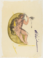 Sandro Chia Untitled screenprint with semi-nude figure in golden oval holding staff