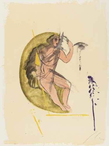 Sandro Chia Untitled screenprint with semi-nude figure in golden oval holding staff, soft pink and yellow tones.