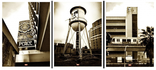 Shepard Fairey Covert to Overt screenprint showing sepia-toned triptych of urban scenes with Obey icon and Peace sign. 