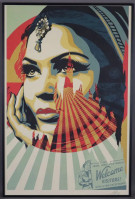 Shepard Fairey Obey, offset lithograph, woman's face with jewelry, red and white rays backdrop, bold graphic style with cultural elements.