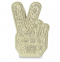 Shepard Fairey Peace Fingers resin sculpture in cream showing peace sign hand with floral patterns and Obey emblem.