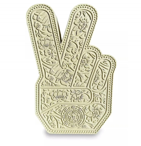 Shepard Fairey Peace Fingers resin sculpture in cream showing peace sign hand with floral patterns and Obey emblem.