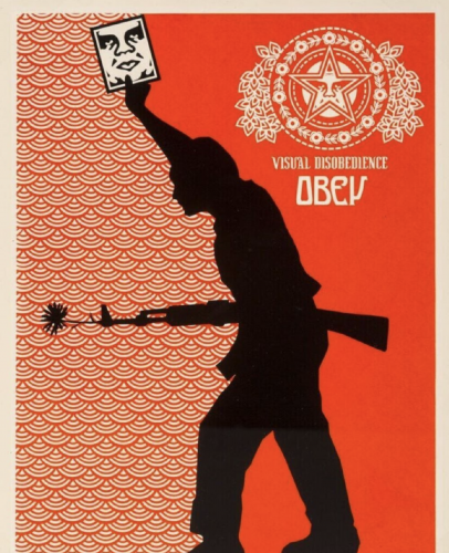 Shepard Fairey Visual Disobedience screenprint with militant silhouette holding flower rifle and Obey icon on red patterned background.  