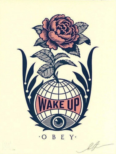 Shepard Fairey Wake Up Earth letterpress print with blooming rose, globe, all-seeing eye, and bold Wake Up text above OBEY.  