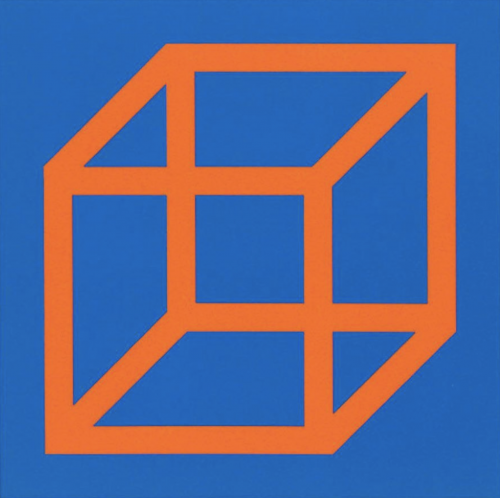 Sol LeWitt Cubes in Color on Color Blue/Orange linoleum on paper showing orange cube structure on blue background  