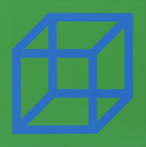 Sol LeWitt Cubes in Color on Color linocut with blue cube on green background exploring geometric form and spatial illusion.  