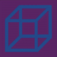 Sol LeWitt Cubes in Color on Color linocut of blue geometric cube on solid purple background with optical illusion effect.  