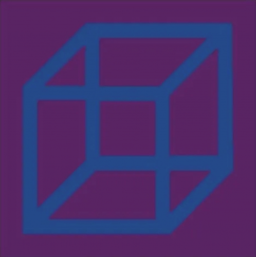 Sol LeWitt Cubes in Color on Color linocut of blue geometric cube on solid purple background with optical illusion effect.  