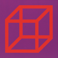 Sol LeWitt Cubes in Color on Color Purple/Red linoleum on paper showing red cube structure on purple background