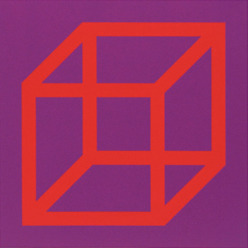 Sol LeWitt Cubes in Color on Color Purple/Red linoleum on paper showing red cube structure on purple background