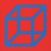 Sol LeWitt Cubes in Color on Color linocut with blue geometric cube over red background creating spatial optical illusion. 