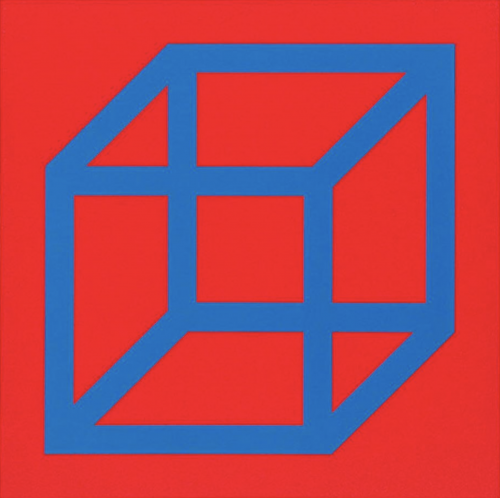 Sol LeWitt Cubes in Color on Color linocut with blue geometric cube over red background creating spatial optical illusion. 