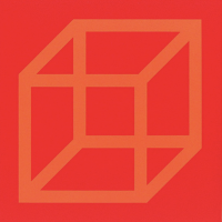 Sol LeWitt Cubes in Color on Color Red/Orange linoleum on paper showing orange cube structure on red background 