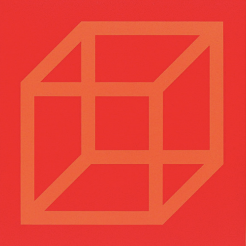 Sol LeWitt Cubes in Color on Color Red/Orange linoleum on paper showing orange cube structure on red background 