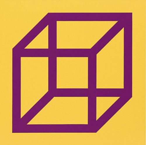 Sol LeWitt Cubes in Color on Color Yellow/Purple linoleum on paper showing purple cube structure on yellow background 