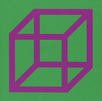 Sol LeWitt Cubes in Color on Color Green/Purple linoleum on paper showing purple cube structure on green background.