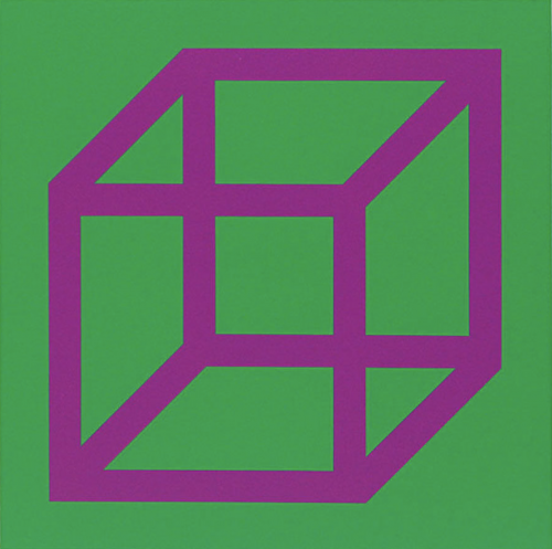 Sol LeWitt Cubes in Color on Color Green/Purple linoleum on paper showing purple cube structure on green background.