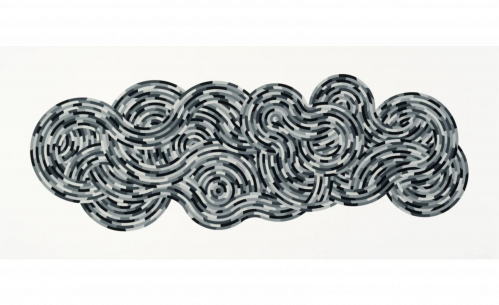 Sol LeWitt Whirls and Twirls Black 2005 linocut with concentric black and gray arcs forming an abstract cloud-like pattern.