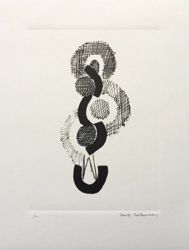 Sonia Delaunay’s Dance Endless Rhythm (1923), lithograph, features interlocking circular forms and bold black lines, suggesting continuous movement.