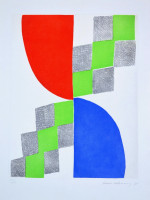 Sonia Delaunay's Gravure I, etching; abstract geometric composition with red, blue, and green shapes and black-and-white patterns.