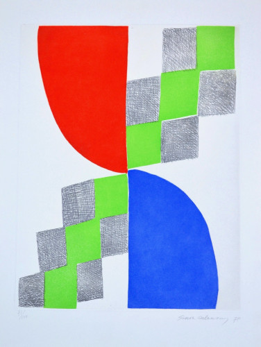 Sonia Delaunay's Gravure I, etching; abstract geometric composition with red, blue, and green shapes and black-and-white patterns.
