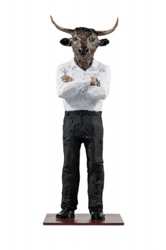 Stephan Balkenhol Bull bronze sculpture of a man with a bull's head, arms crossed, painted in black, white, and brown tones.  
