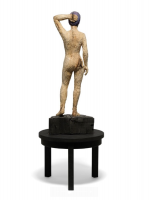 Stephan Balkenhol Femme burlesque wooden sculpture of nude woman with purple hair standing on black pedestal, carved with rough texture