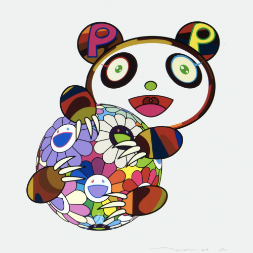 Takashi Murakami A Panda Cub Hugging a Ball of Flowers 2020 silkscreen of colorful panda with sphere of smiling flowers 