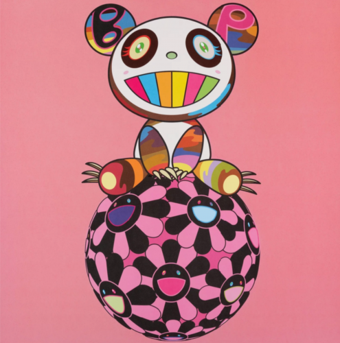 Takashi Murakami BLACKPINK Pandakashi print with glittery pink background and rainbow-colored cartoon bear on floral sphere.