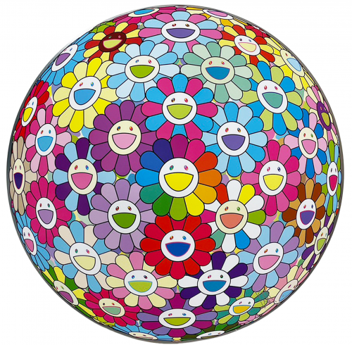 Takashi Murakami Charge into the Center of Consciousness 2023 offset lithograph circular print with colorful smiling flowers
