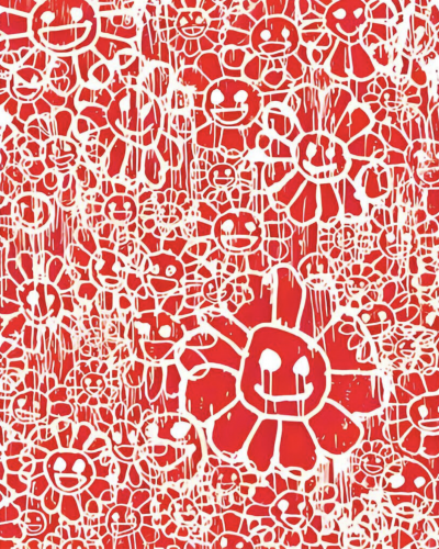 Takashi Murakami Madsaki Flowers B Red silkscreen print showing dense red and white smiling and crying flowers in graffiti style  