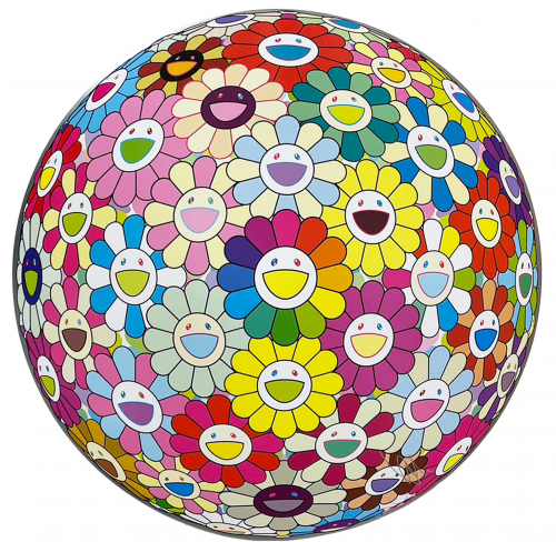 Takashi Murakami Multiverse Flowers offset lithograph with colorful smiling flowers in a spherical, kaleidoscopic composition