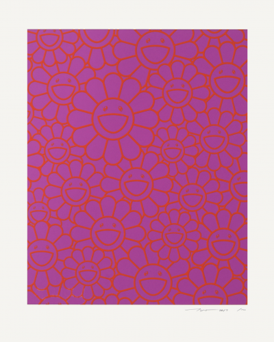 Takashi Murakami October Story Silkscreen orange-outlined smiling flowers on lavender background in repetitive pop pattern  