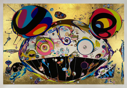 Takashi Murakami Tan Tan Bo 2016 silkscreen with gold leaf featuring colorful distorted DOB character edition of 100