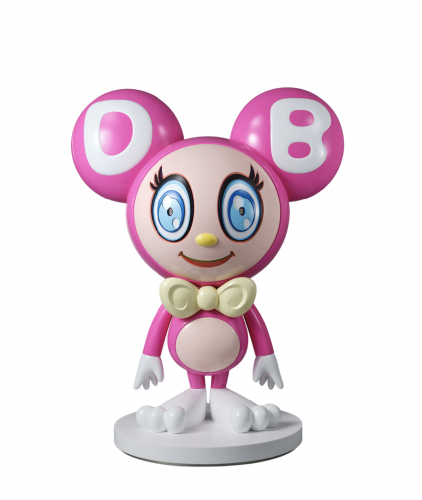Takashi Murakami Untitled magenta sculpture of cartoonish pink Mr. DOB figure with large ears labeled D and B on white base 