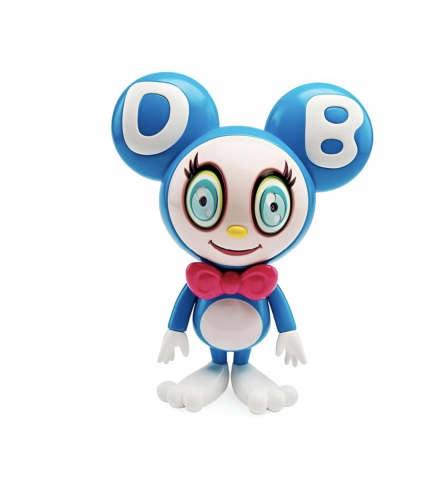 Takashi Murakami Untitled Mr DOB sculpture in blue with pink bowtie, big eyes, and ears marked D and B on white background  