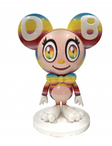 Takashi Murakami Untitled multi sculpture of rainbow-colored Mr. DOB figure with big eyes and ears labeled D and B on white base    