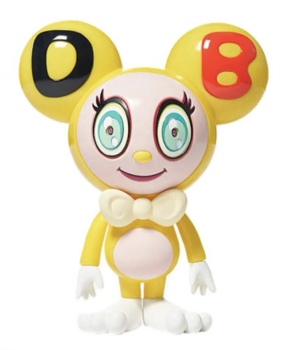 Takashi Murakami Untitled yellow Mr. DOB sculpture with red and black DB ears, rainbow eyes, cream bowtie, and glossy finish 