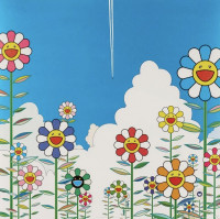 Takashi Murakami Vapor Trail lithograph with smiling flowers under blue sky and vapor trail, edition of 300, Superflat style