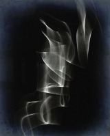 Thomas Ruff Untitled #01 photographic print showing abstract white light ribbons swirling on a black and blue background