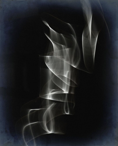 Thomas Ruff Untitled #01 photographic print showing abstract white light ribbons swirling on a black and blue background