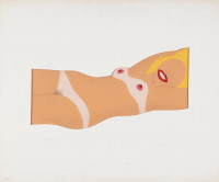 Tom Wesselmann Cut Out Nude silkscreen of reclining stylized nude in peach, white, yellow, and red on blow-formed vinyl in die-cut mat