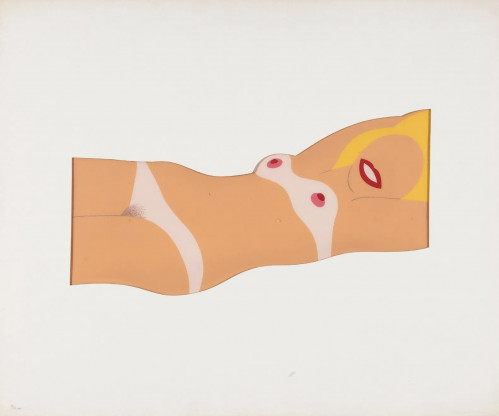 Tom Wesselmann Cut Out Nude silkscreen of reclining stylized nude in peach, white, yellow, and red on blow-formed vinyl in die-cut mat