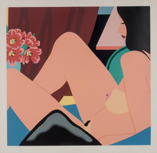 Tom Wesselmann Helen Nude color screenprint showing reclining nude woman in profile with bold flat colors and floral background.