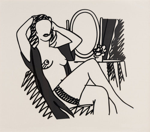 Tom Wesselmann Nude and Mirror screenprint of faceless nude woman in front of vanity mirror outlined in bold black lines.