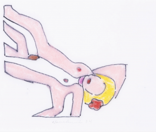 Tom Wesselmann, Study For Sunset Nude With Choker (2004), colored pencil and ink drawing of two simplified nude figures in erotic pose, outlined with minimal stylization on tracing paper.