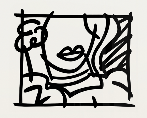 Tom Wesselmann Woman with Green Blouse screenprint showing bold black lines forming abstract female face and hair on pale background.  