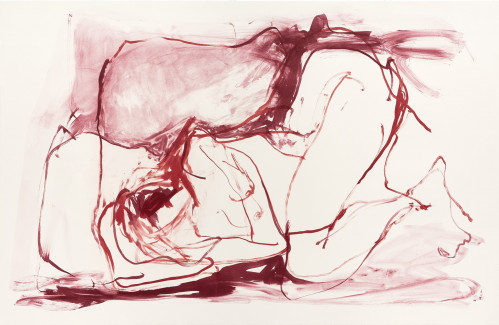 Tracey Emin A Deeper Place lithograph showing abstract nude in expressive burgundy brushstrokes on white background. Tracey Emin A Deeper Place lithograph showing abstract nude in expressive burgundy brushstrokes on white background.
